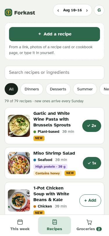 The recipe library with search, categories and an Add a recipe button